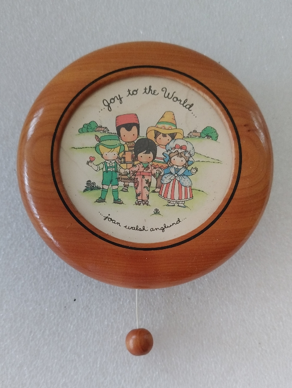 Wooden Round Music Box with 'Joy to the World' Illustration Vintage